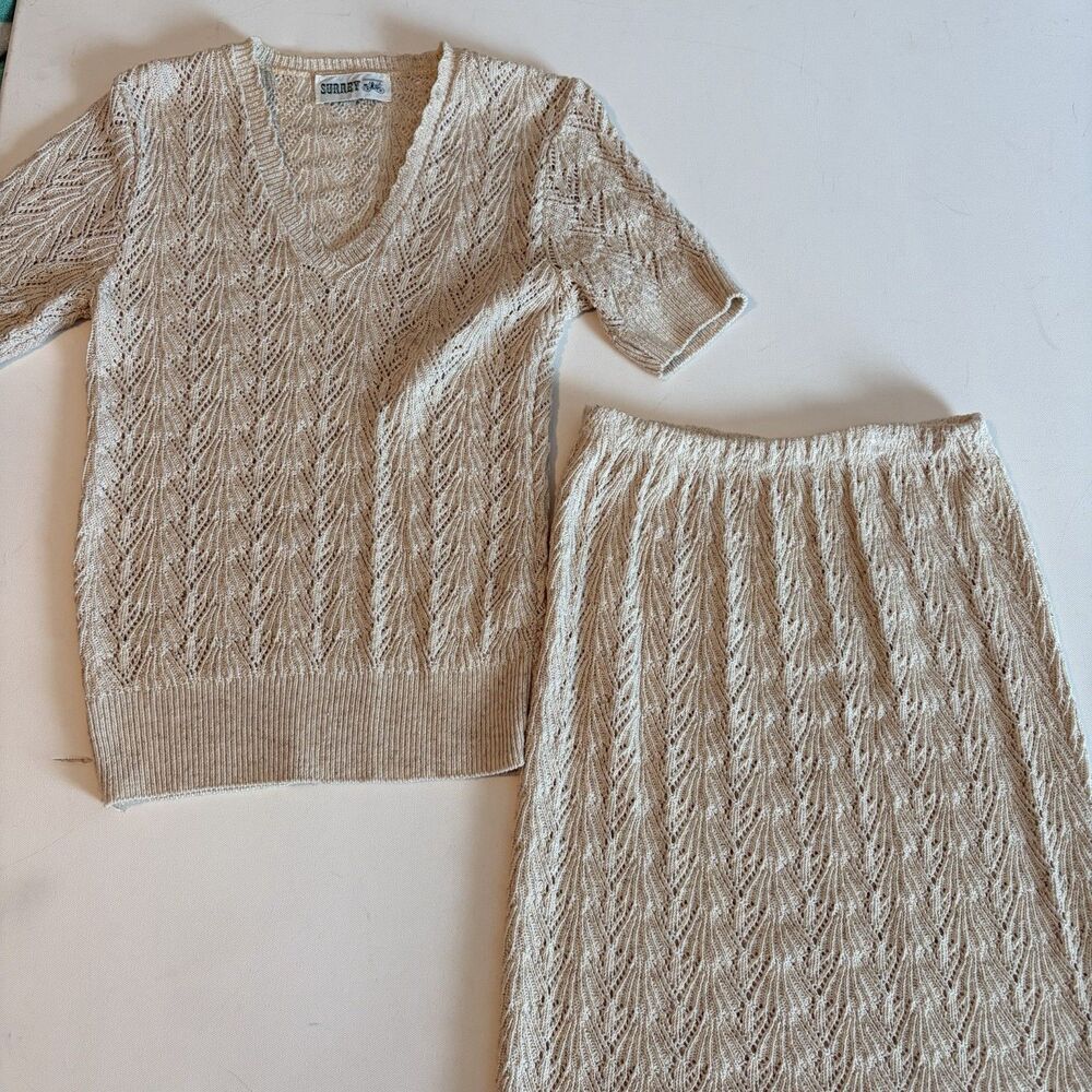 VTG 1970’s Surrey Pointelle Knit Tan Top And Skirt Matching Set XS *READ*
